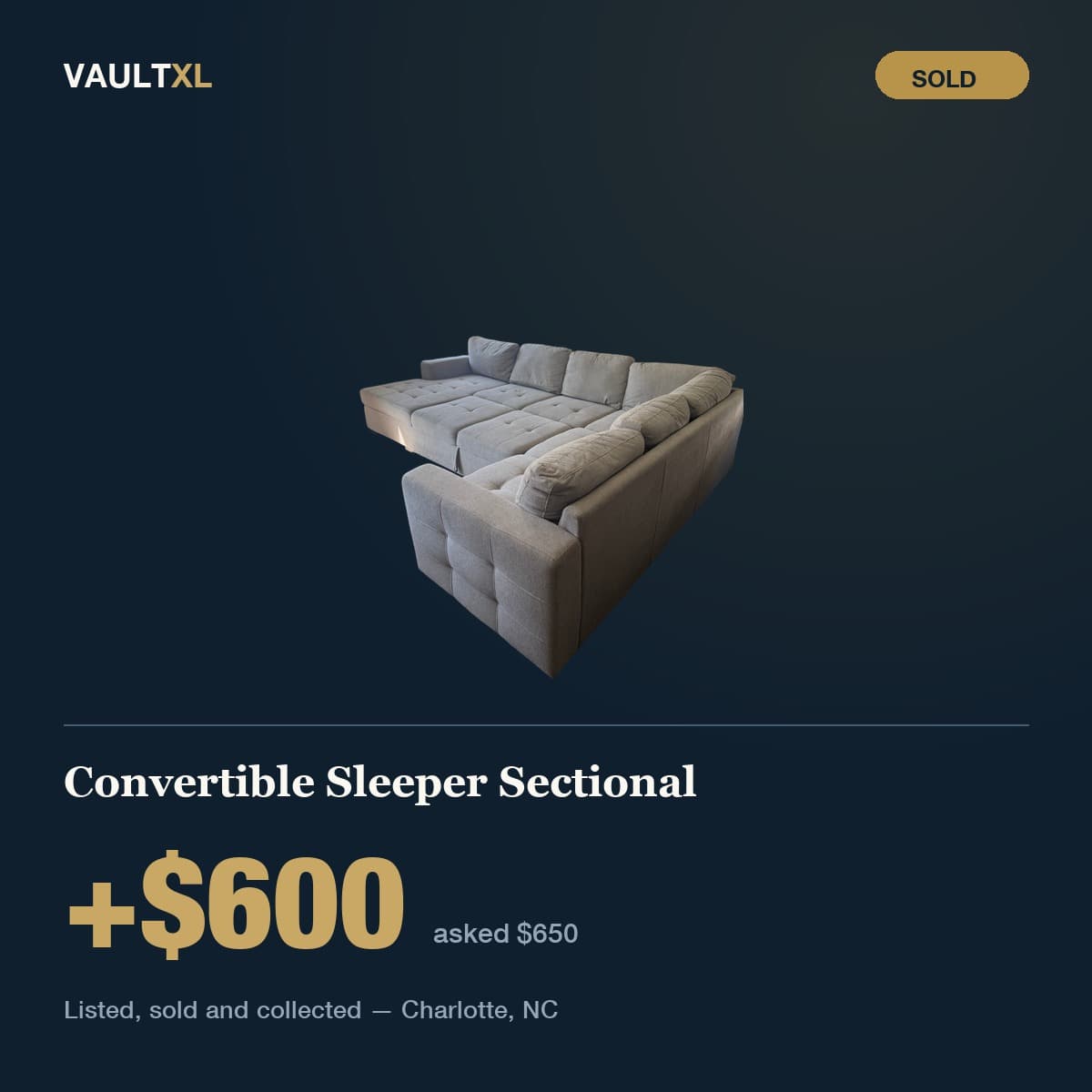Sold — convertible sleeper sectional, listed at $650, sold for $600 in Charlotte, NC