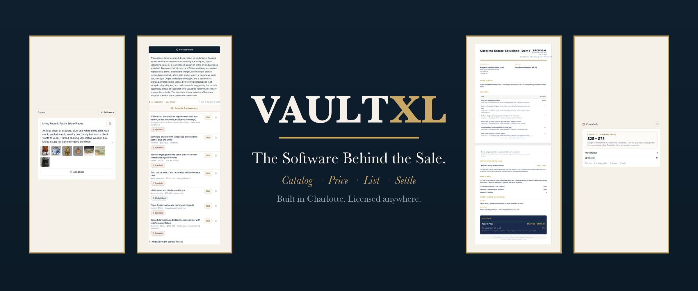 VaultXL — The Software Behind the Sale. Catalog, price, list and settle. Built in Charlotte, licensed anywhere.