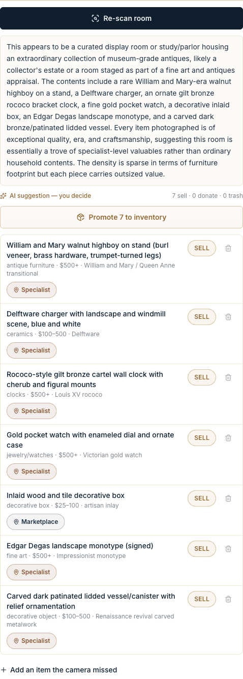 VaultXL identified items list showing AI-estimated values per item