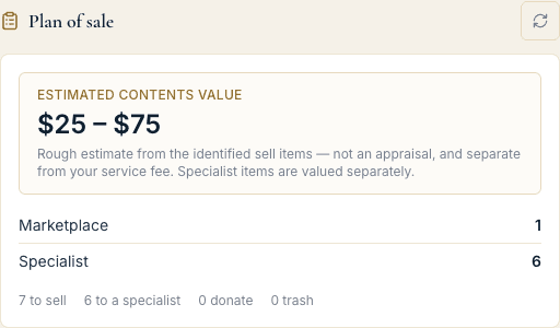 VaultXL plan-of-sale summary showing channel breakdown and estimated contents value