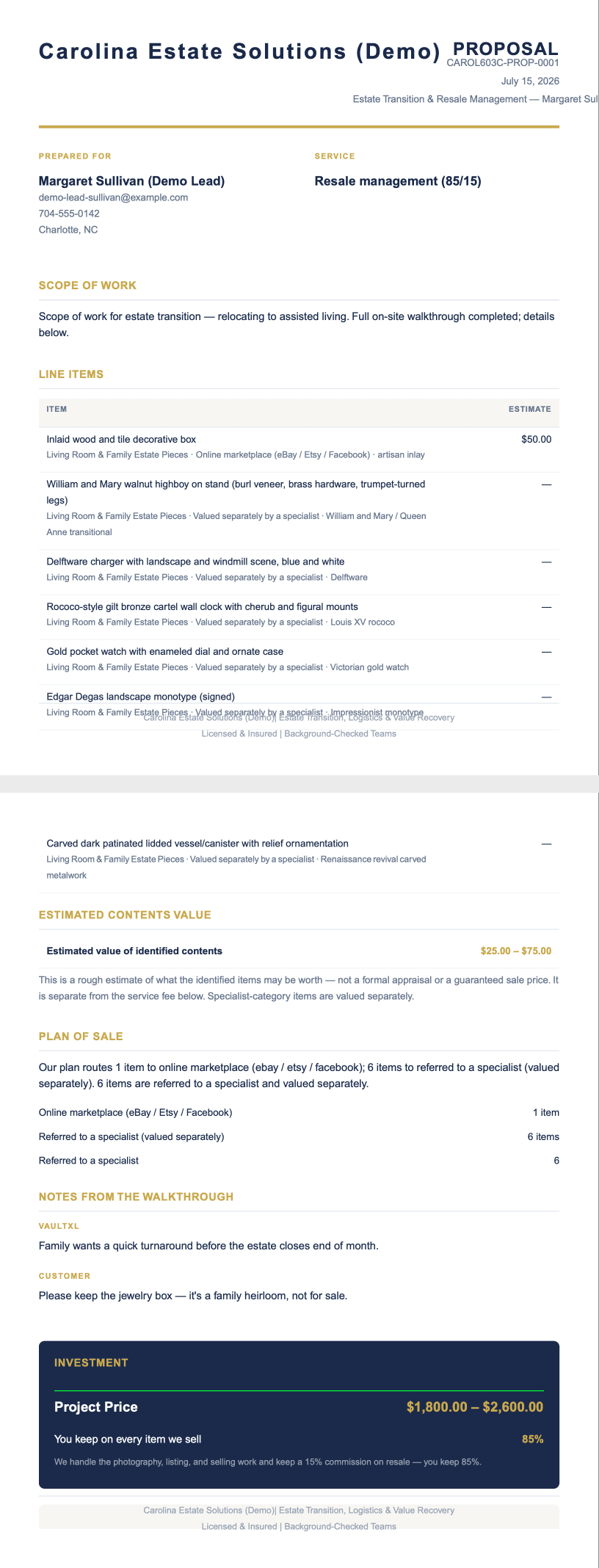 VaultXL generated proposal document showing identified items, contents value, and plan of sale
