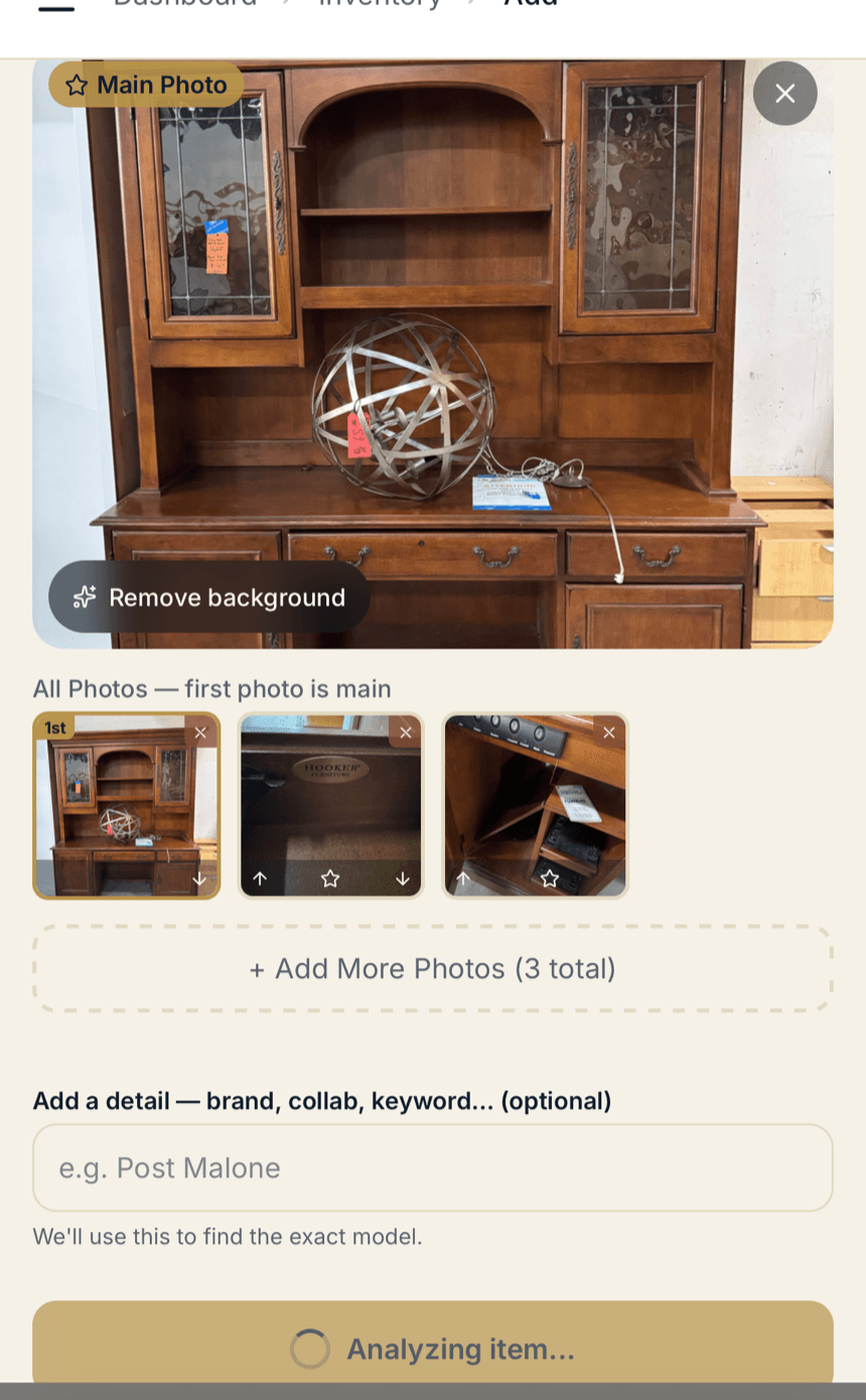 VaultXL Add Item scan analyzing a $59 thrift-store Hooker Furniture hutch from three photos including the brand plate