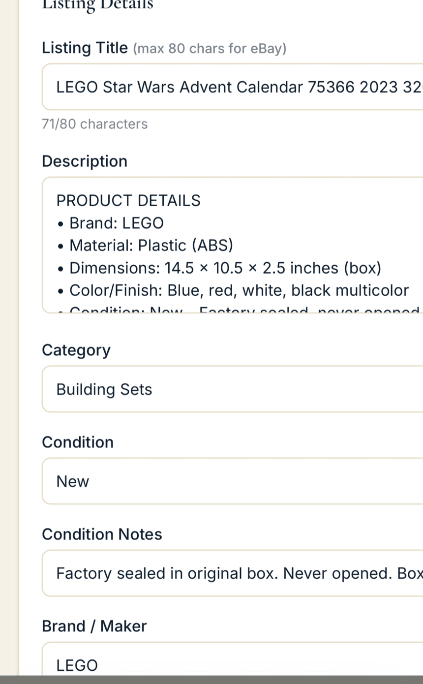 VaultXL listing generator with an eBay-ready title and full description for LEGO Star Wars Advent Calendar 75366