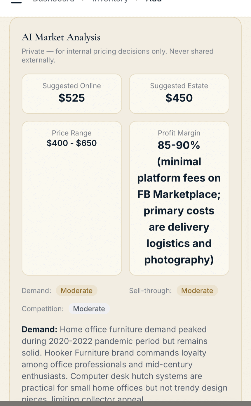 VaultXL AI Market Analysis pricing the same hutch at $525 online with a $400 to $650 range and demand ratings