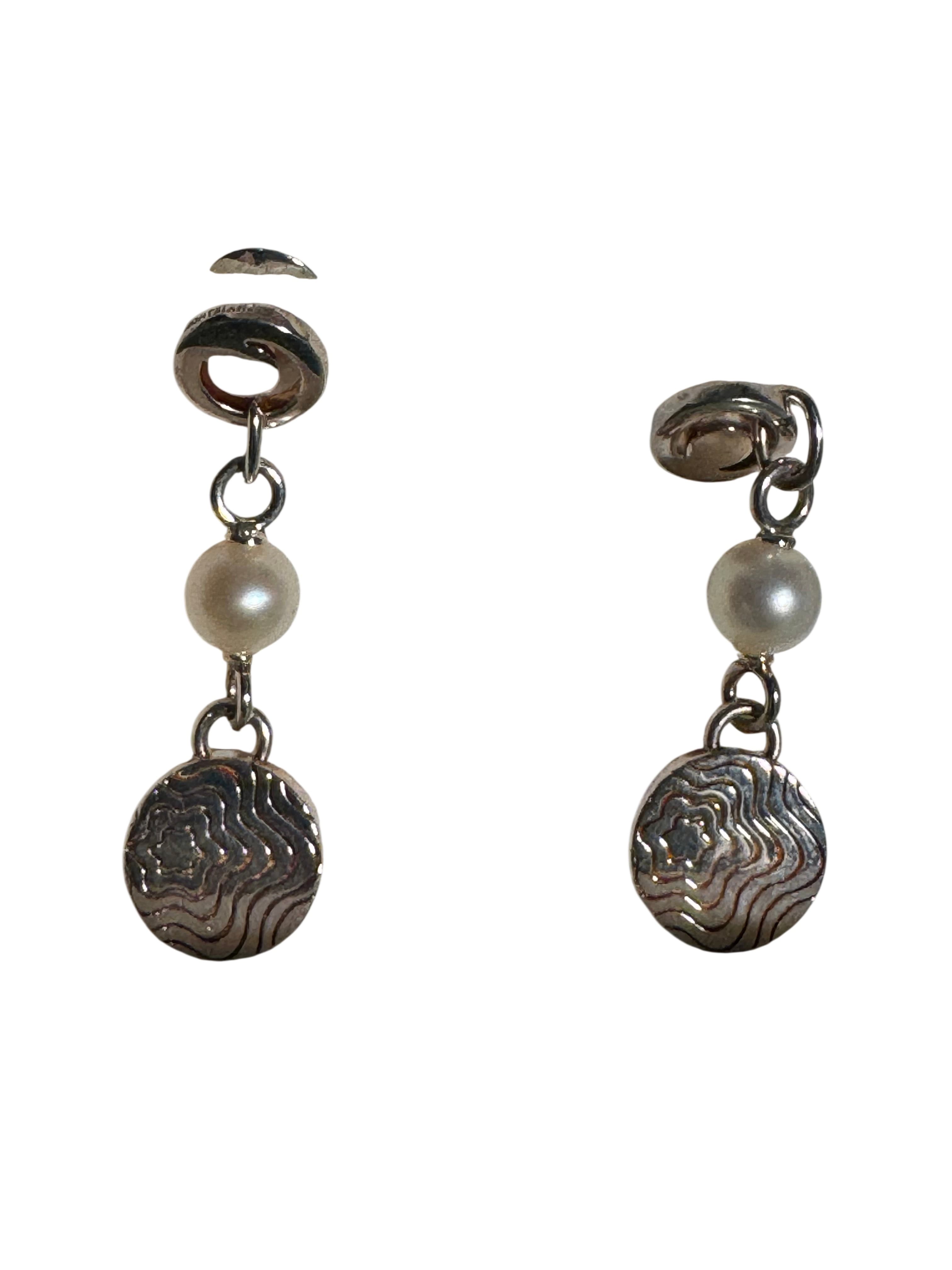 Montblanc Sterling Silver 925 Pearl Star Engraved Disc Drop Earrings Boxed VG