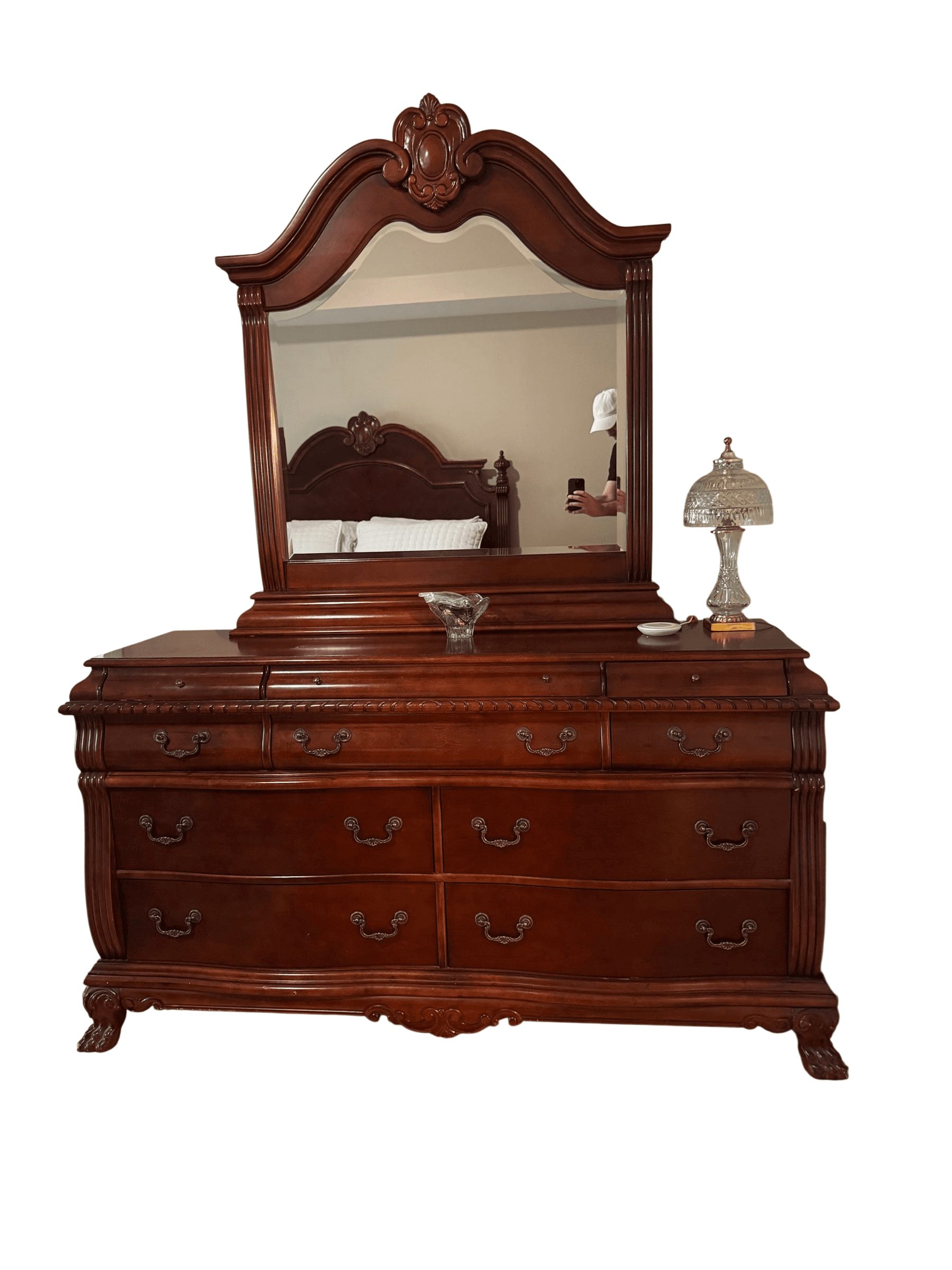 Traditional Cherry Finish Triple Dresser with Arched Mirror, 66 in