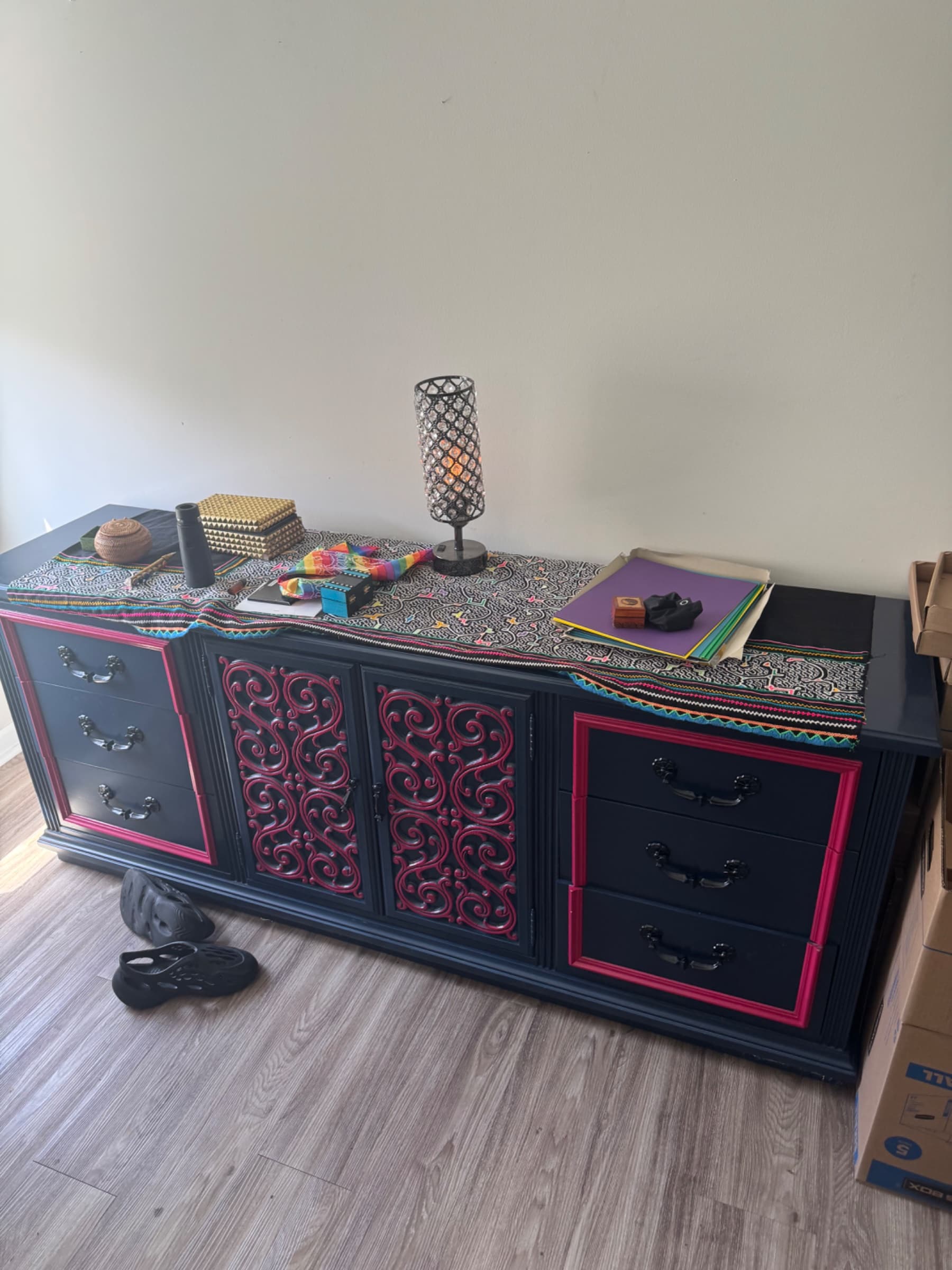 Re:New Home CLT Custom Painted Credenza Dresser + Pair Arched Spindle Mirrors Navy Red Gold Monogram