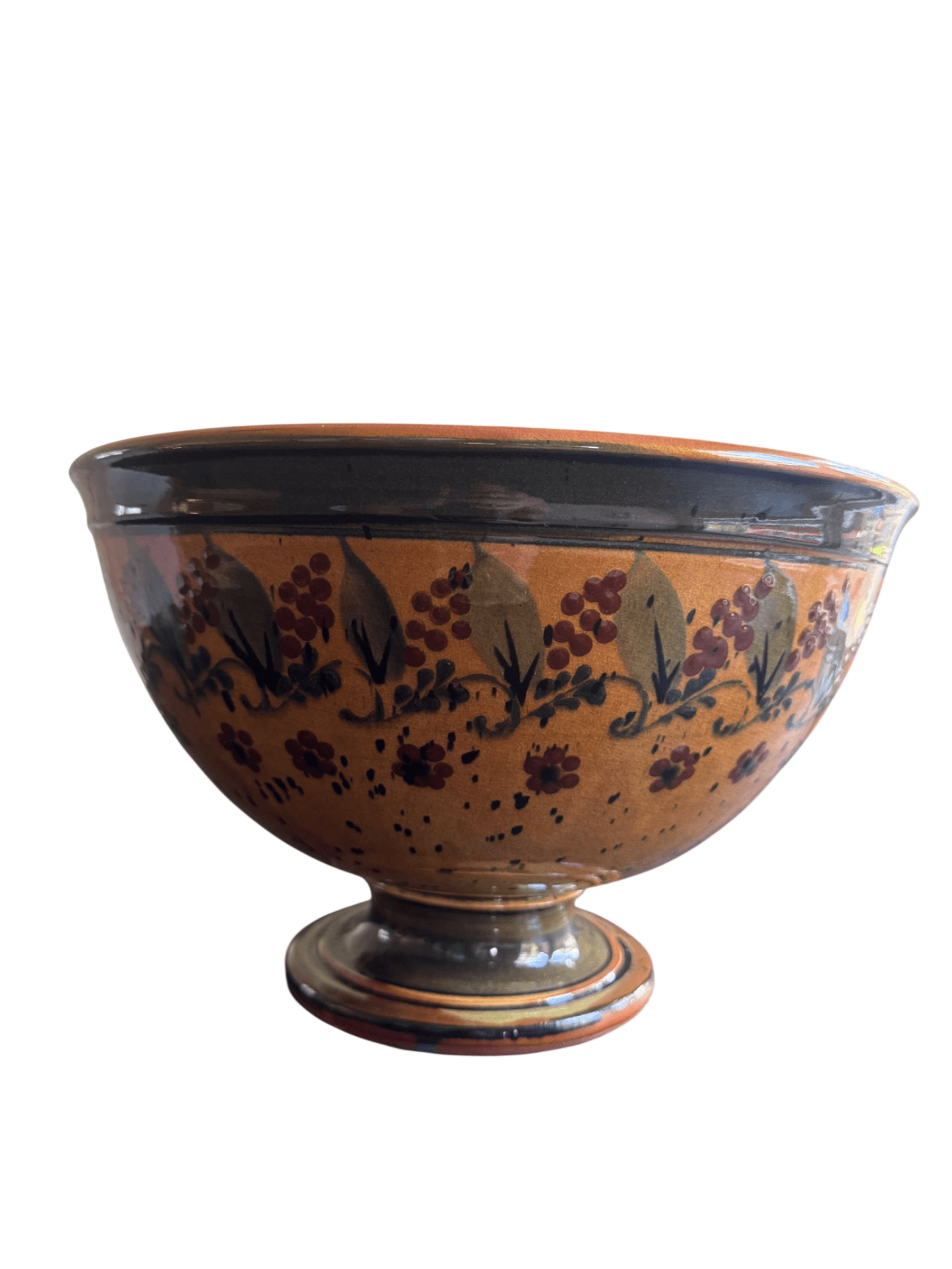 Terra di Cottura Signed Ceramic Footed Bowl Floral Orange Black 12in Vintage