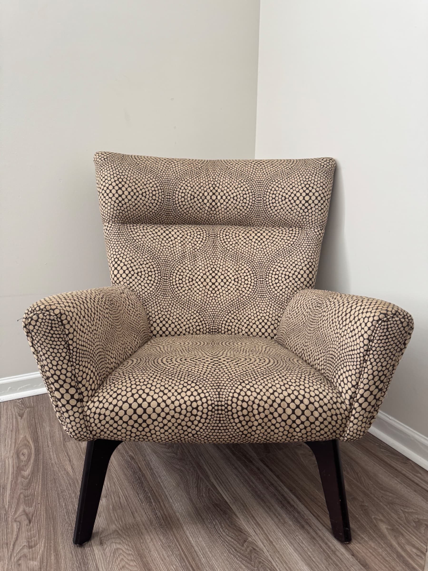 Room & Board Lounge Chair Custom Mood Fabric Black Cream Dot Splayed Base