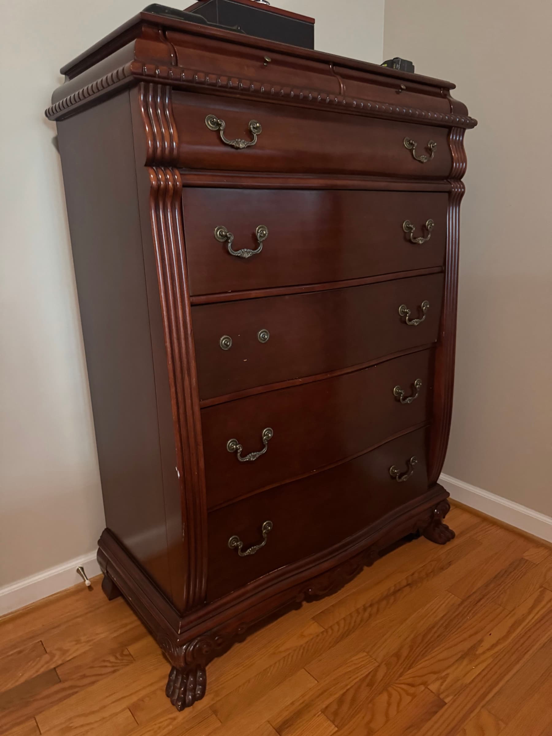 Chippendale-Style Mahogany Finish 5-Drawer Tall Chest, Claw Feet