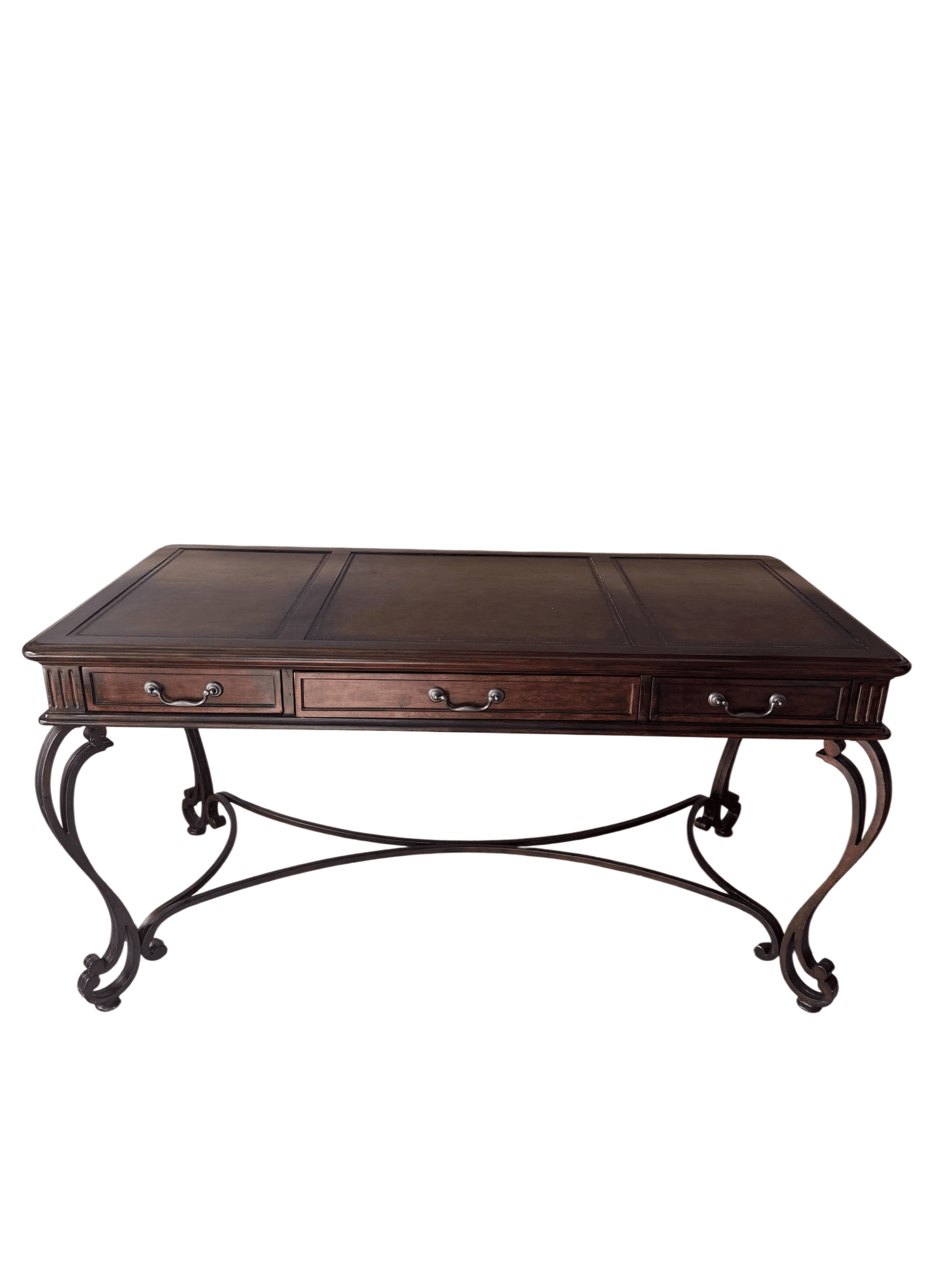 Leather Top Writing Desk 60in Wrought Iron Scroll Legs 3 Drawer Walnut Excellent