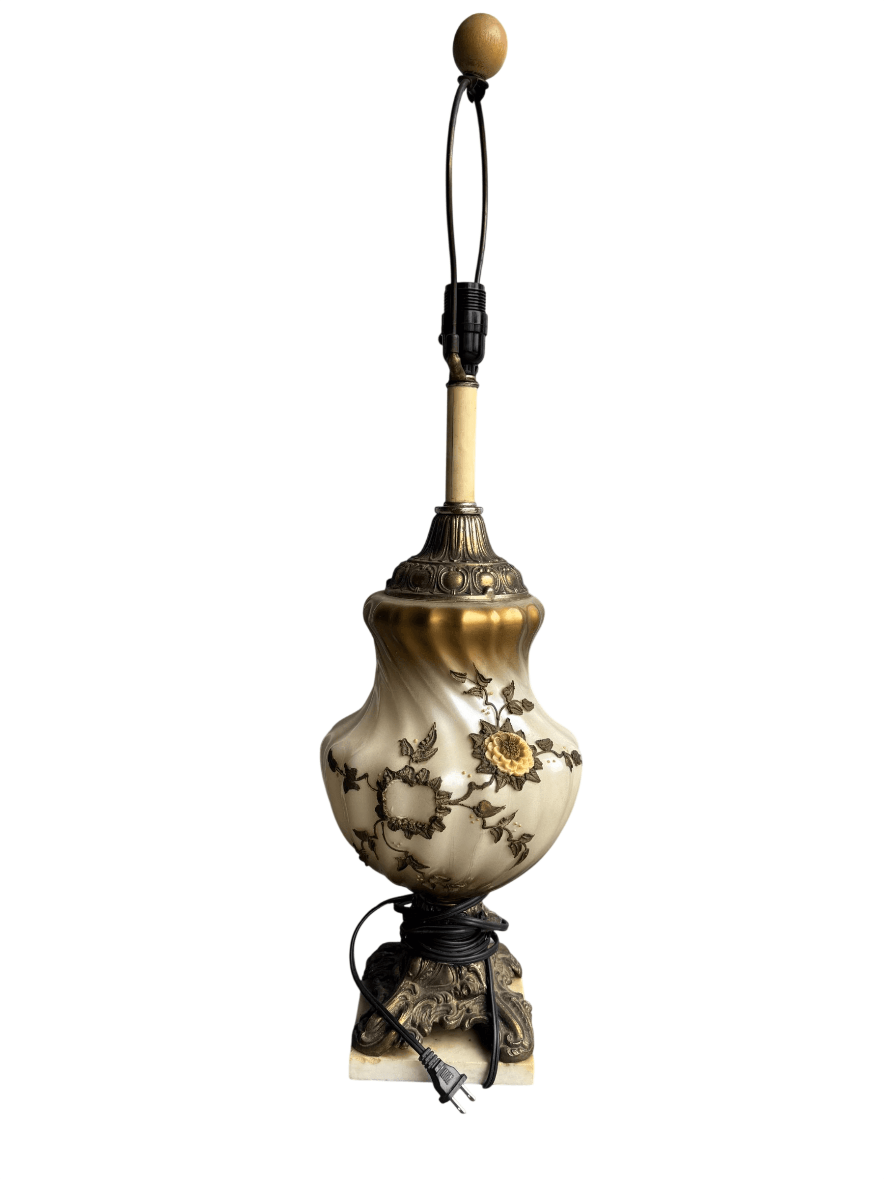Vintage Gilt Porcelain Table Lamp Cast Metal Base Floral Relief Excellent
