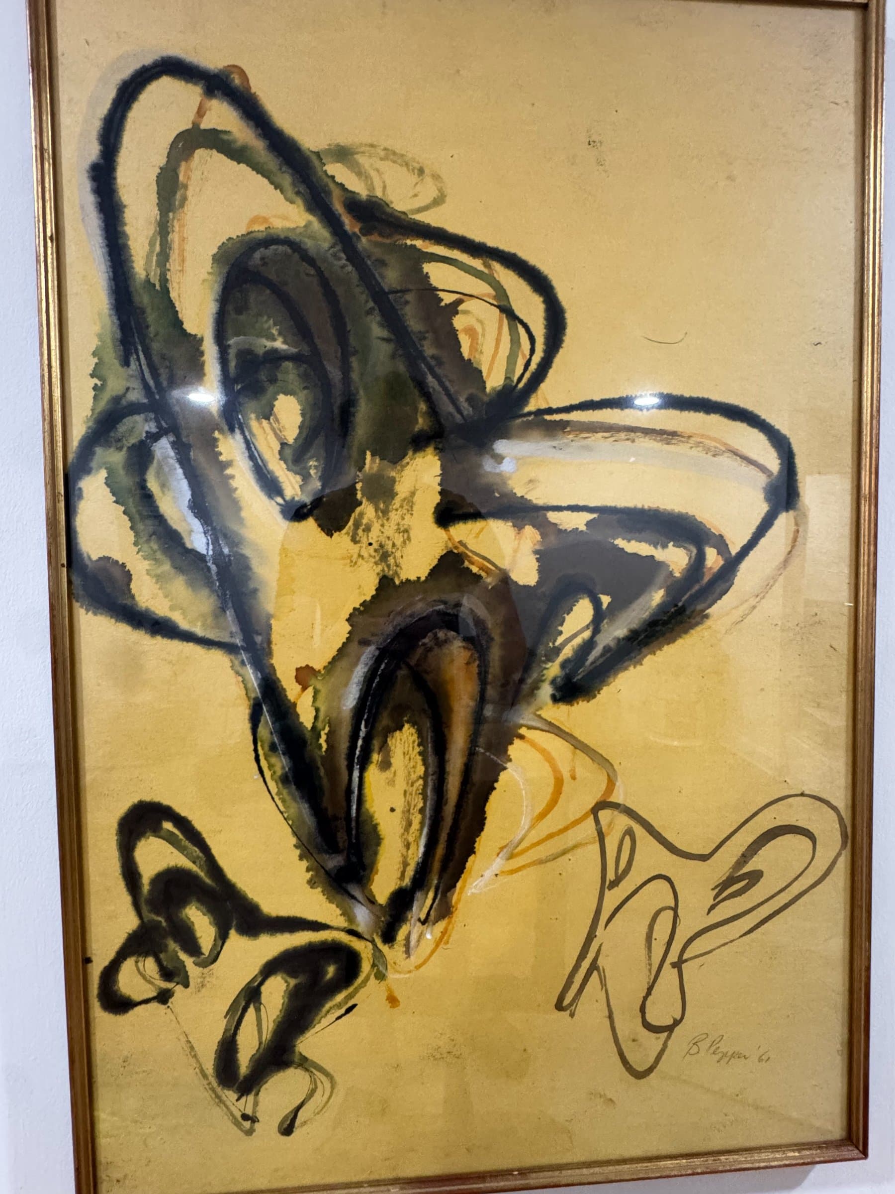 Beverly Pepper Signed 1961 Abstract Ink Watercolor Painting Framed Mid-Century