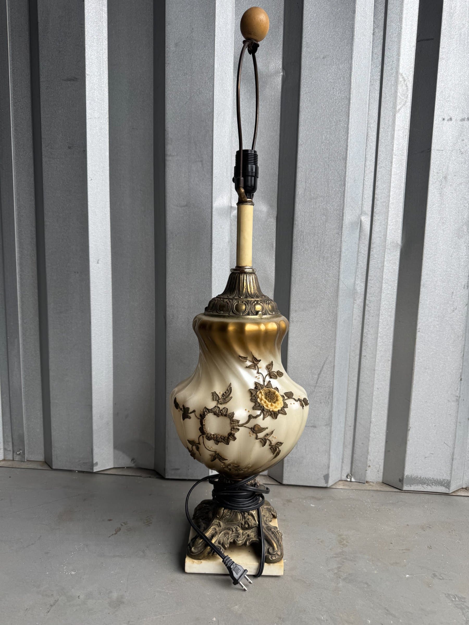 Vintage Gilt Porcelain Table Lamp Cast Metal Base Floral Relief Excellent