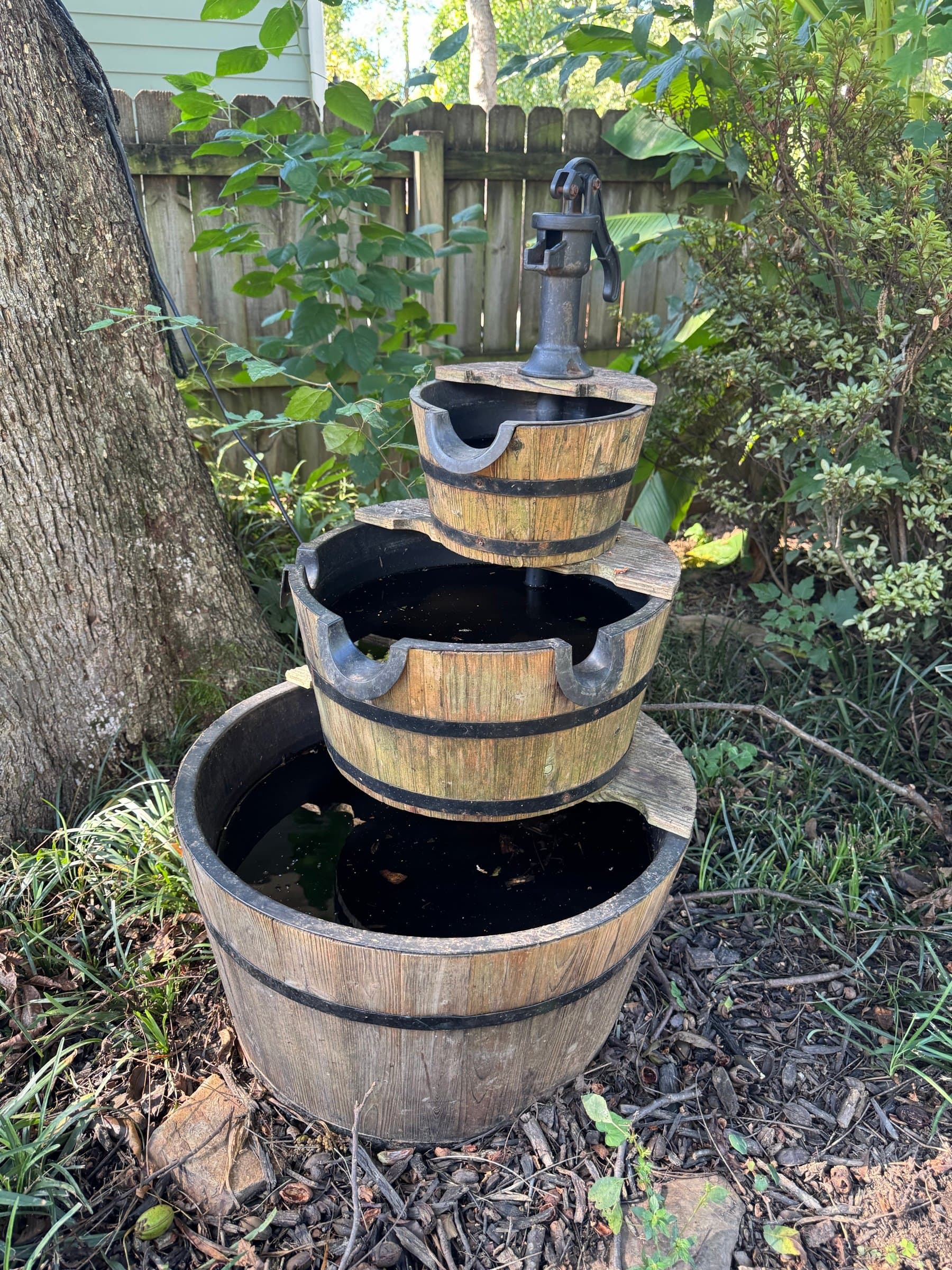 Three-Tier Whiskey Barrel Fountain with Cast-Iron-Look Hand Pump