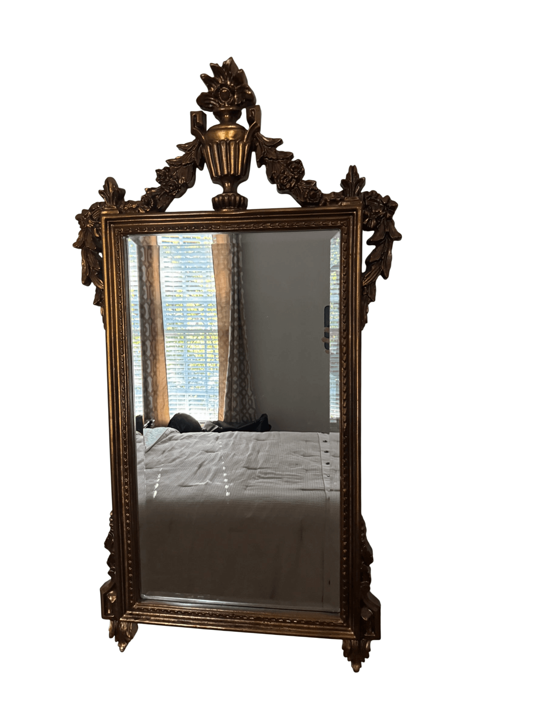 Ornate Gilt Rococo-Style Wall Mirror with Urn Crest, 26 x 46 in
