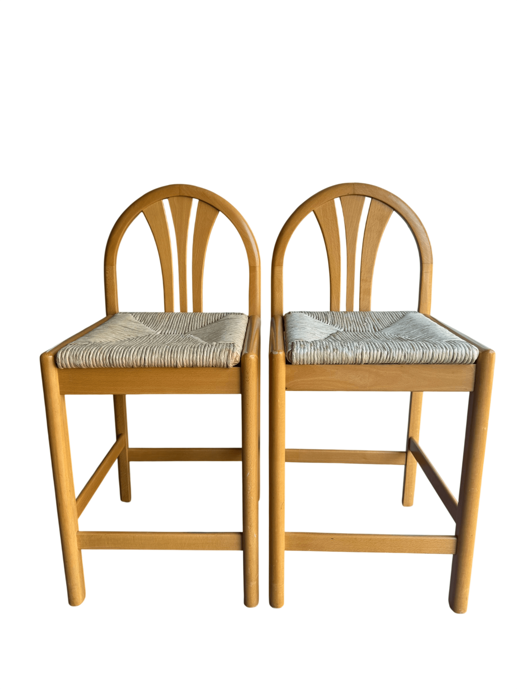 Vintage Windsor Bar Stools Style 872 Natural Wood Rush Seat 24in 1980s Good