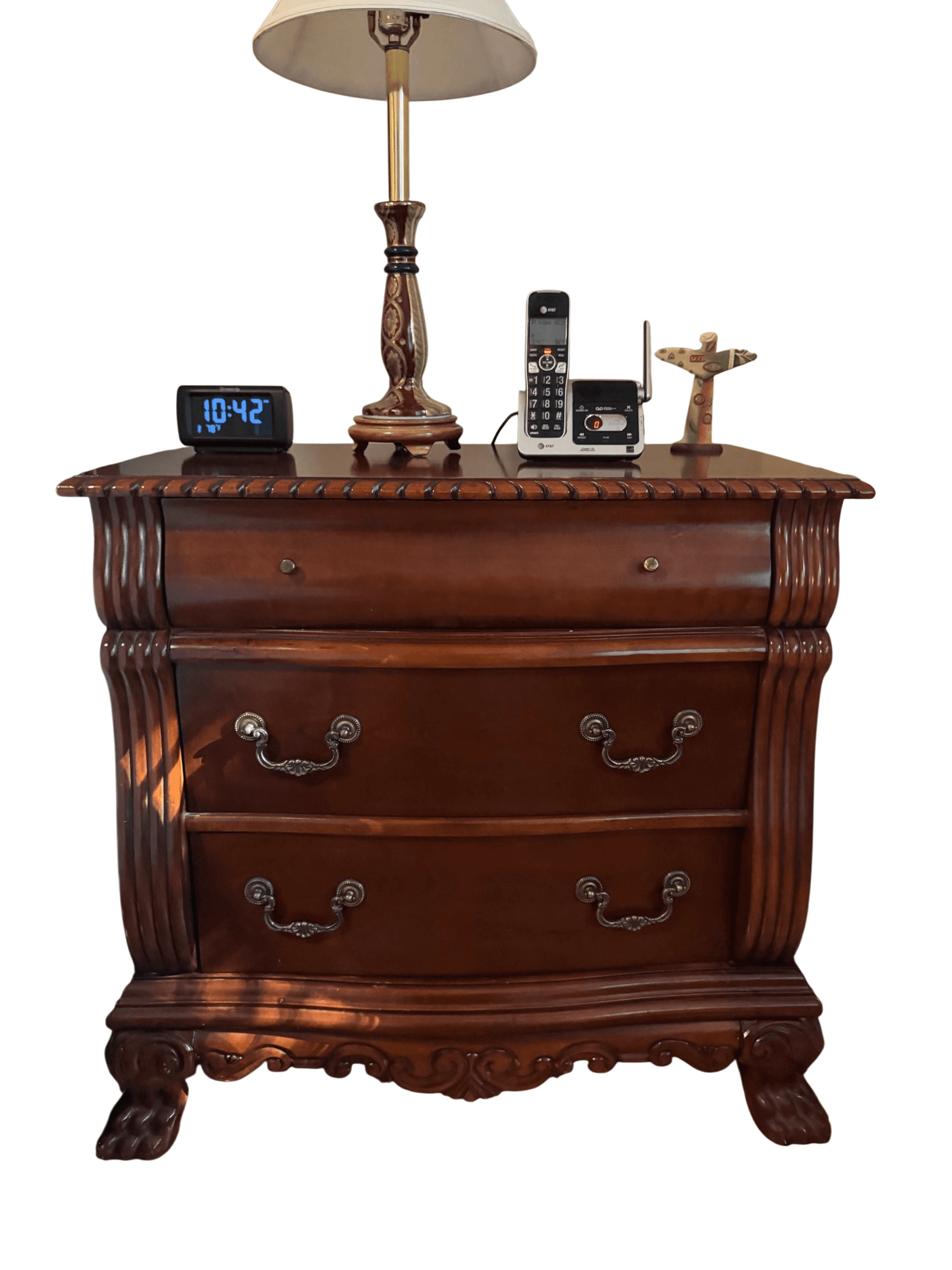 Traditional Cherry Finish 3-Drawer Nightstand, Carved Apron, Claw Feet