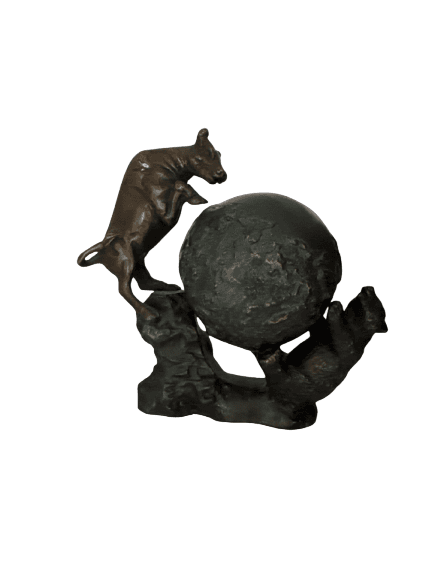 Bronze Bull & Bear Sculpture Wall Street Marble Sphere Globe Statue Vintage
