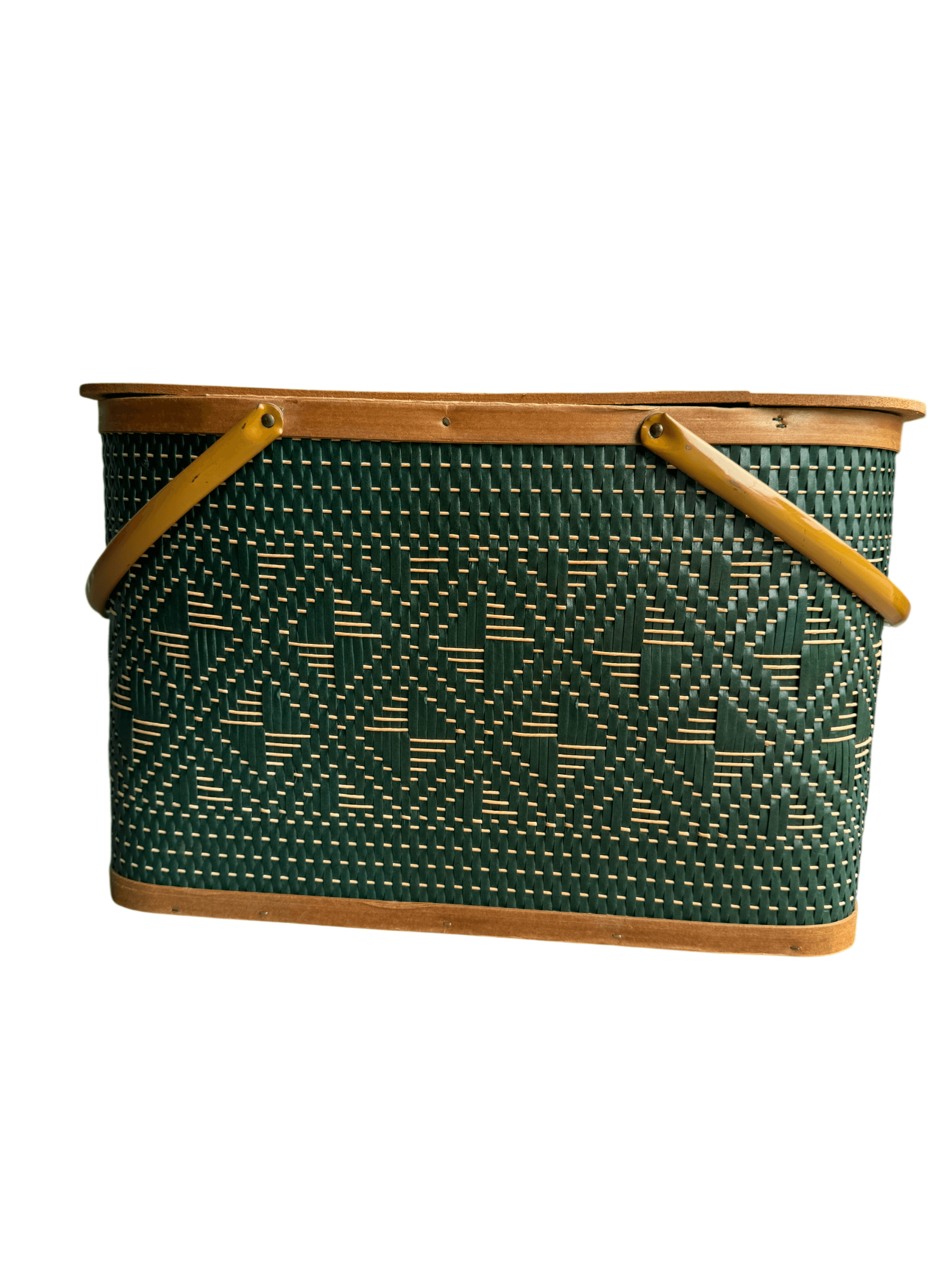 Burlington Hawkeye Vintage Picnic Basket Green Diamond Weave Wood Lid 1960s