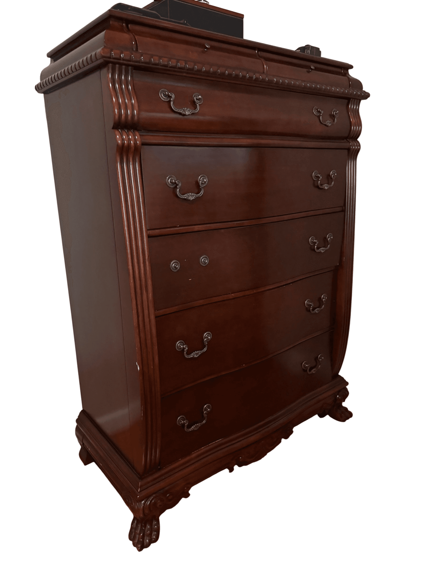 Chippendale-Style Mahogany Finish 5-Drawer Tall Chest, Claw Feet