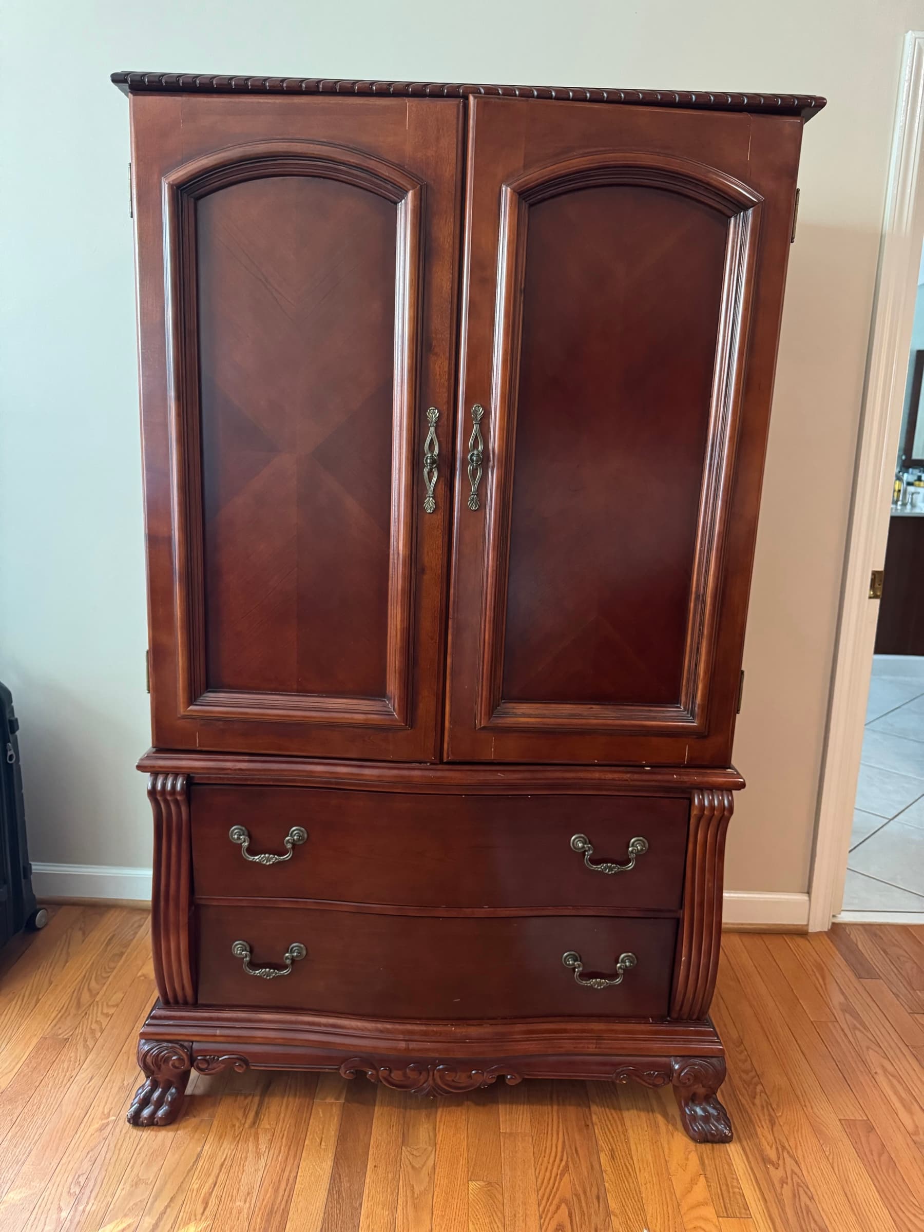 Traditional Cherry Finish Armoire TV Cabinet with Claw Feet, 67in