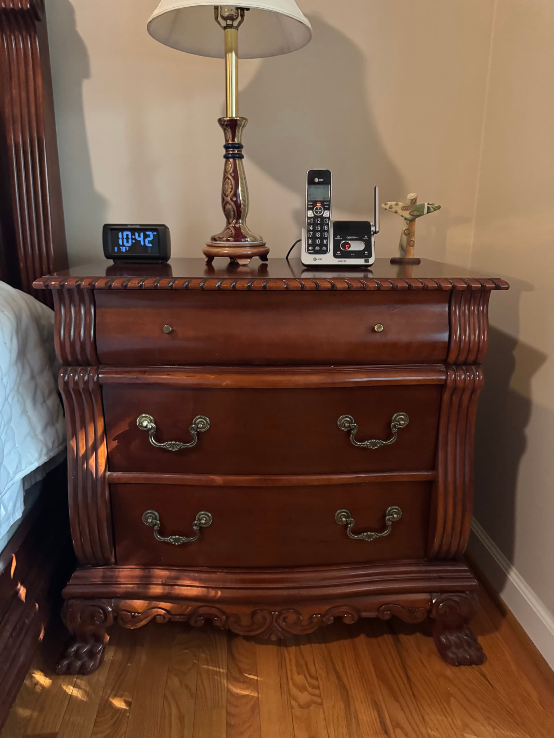 Traditional Cherry-Finish 3-Drawer Nightstands, Matching Pair, Claw Feet
