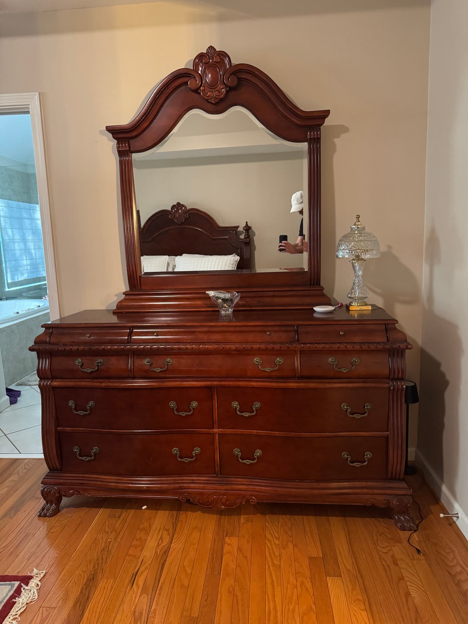 Traditional Cherry Finish Triple Dresser with Arched Mirror, 66 in