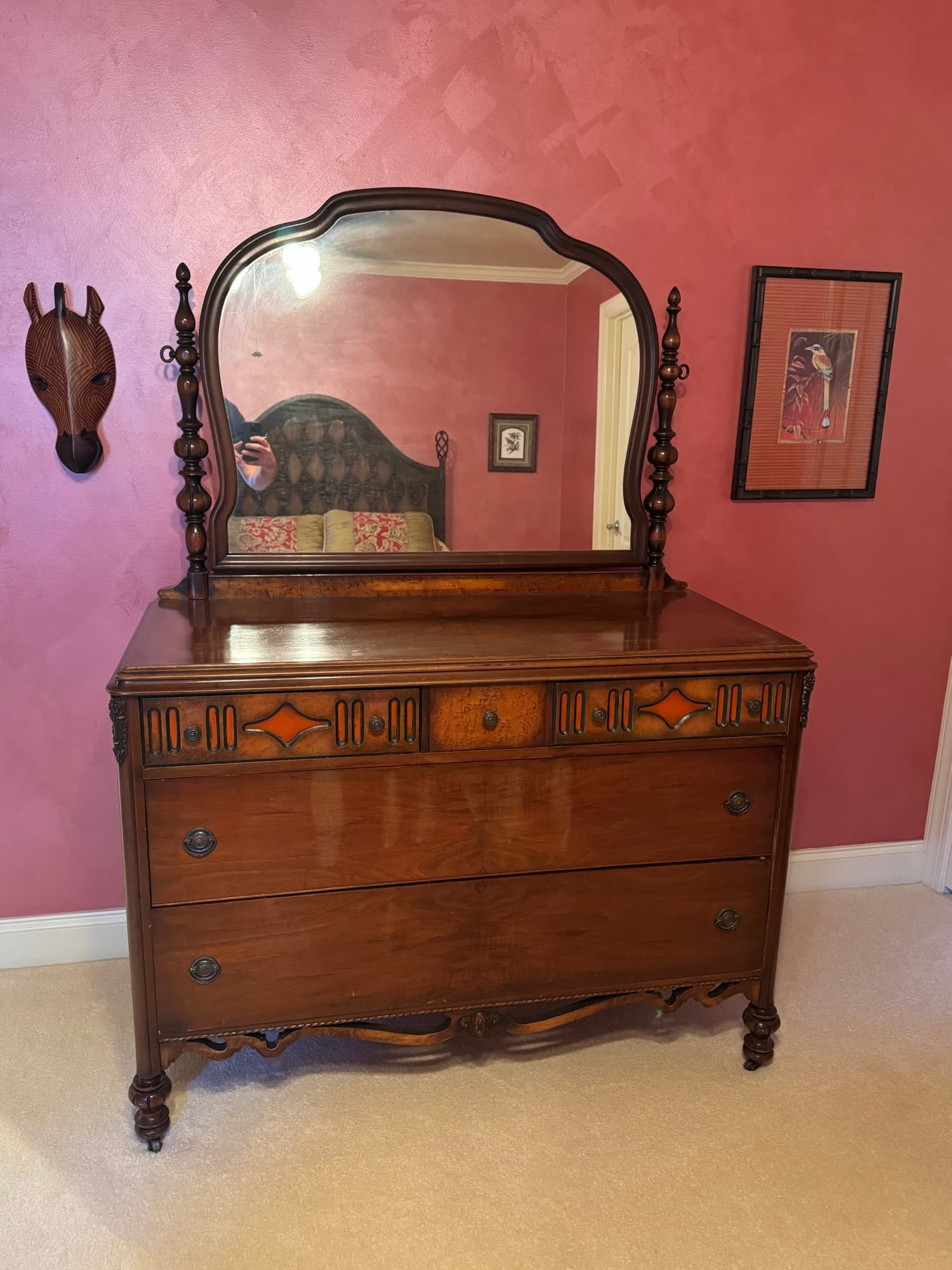 Antique 1920s walnut veneer dresser with mirror, photographed before sale
