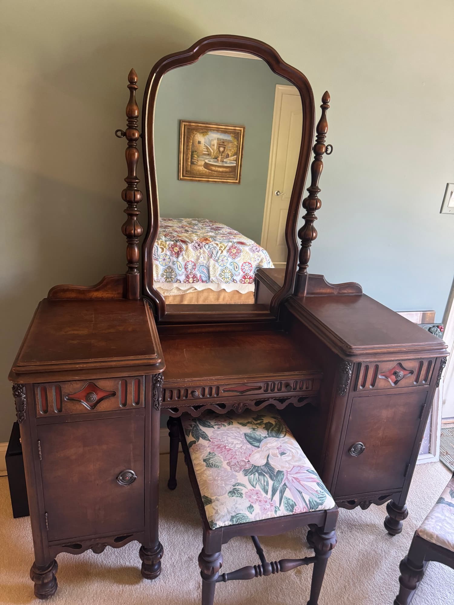 Lenoir Chair Co walnut vanity with swing mirror, bench and rocker, photographed before sale